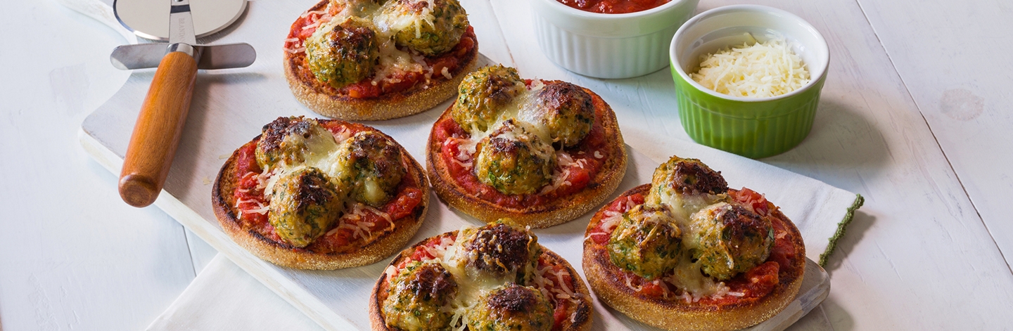 Cheesy Florentine Mini-Meatball Pizzas