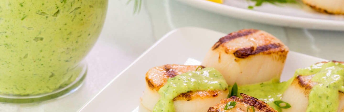 Grilled Shrimp & Scallops with Avocado Greek Yogurt Dressing