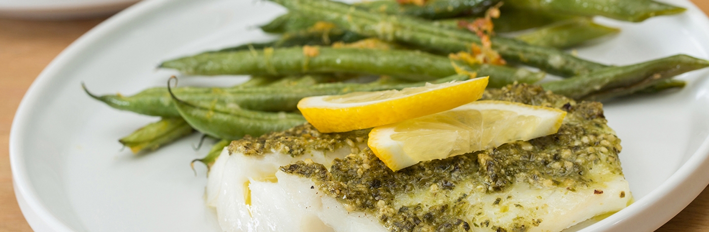 One-Pan Pesto Cod with Parmesan Green Beans