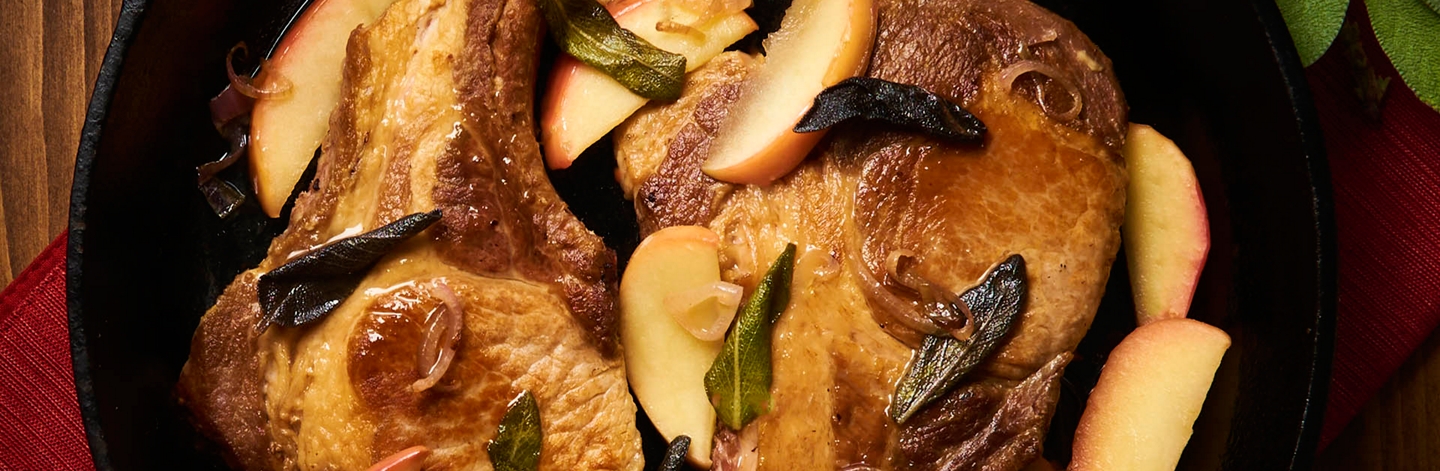 Pan Seared Pork Chops with Sage Apples and Calvados