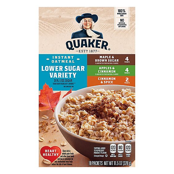 Quaker Oatmeal Instant Lower Sugar Maple & Brown Sugar Cinnamon & Spice Apple Cinnamon - 11.5 Oz