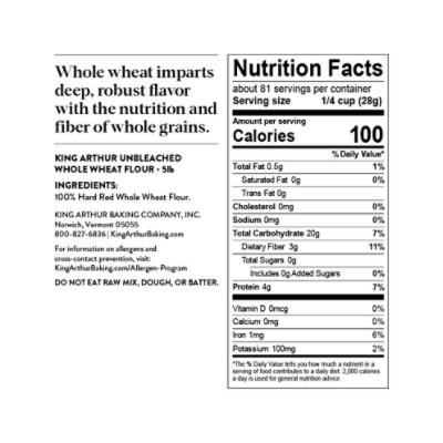 King Arthur Non-GMO Project Verified Certified Kosher 100% Whole Grain Whole Wheat Flour - 5 Lb - Image 3