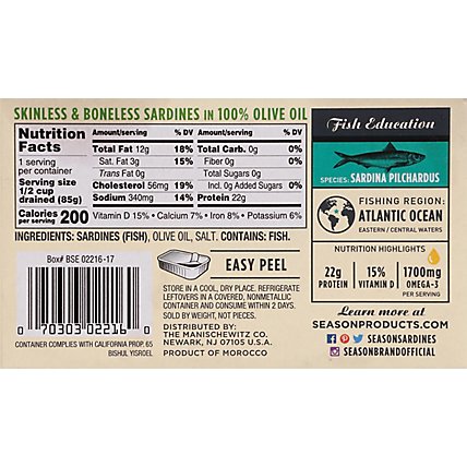 Season Sardines Skinless & Boneless In Pure Olive Oil Can - 4.38 Oz - Image 6