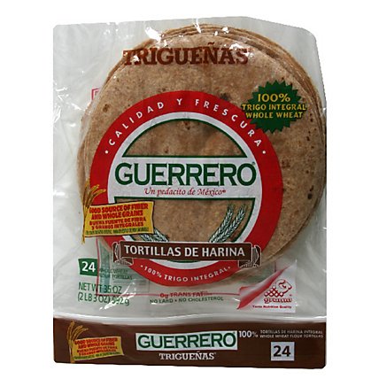 Guerrero Tortillas Flour Soft Taco Whole Wheat De Harina Integral Bag 24 Count - 35 Oz - Image 1