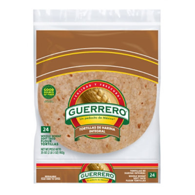 Guerrero Tortillas Flour Soft Taco Whole Wheat De Harina Integral Bag 24 Count - 35 Oz