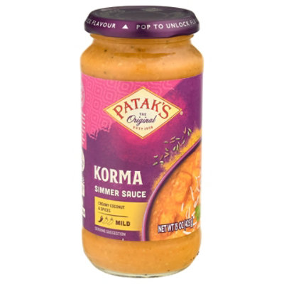 Pataks Simmer Sauce Korma Curry Cream Coconut & Spices Mild - 15 Oz