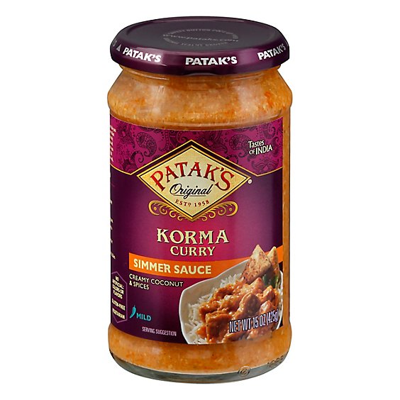 Pataks Simmer Sauce Korma Curry Cream Coconut & Spices Mild - 15 Oz