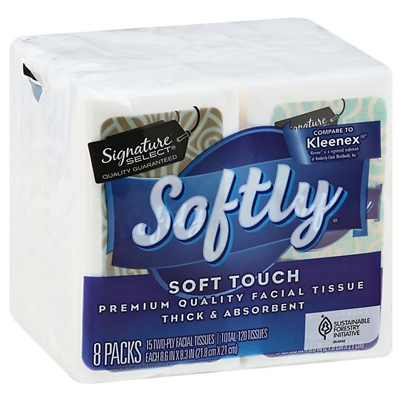 Signature Care Facial Tissue Softly 2 Ply Pack - 8-15 Count