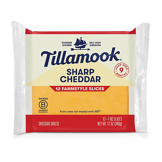 Tillamook Farmstyle Thick Cut Sharp Cheddar Cheese Slices 12 Count - 12 Oz
