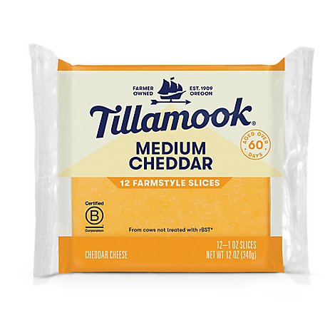 Tillamook Farmstyle Thick Cut Medium Cheddar Cheese Slices 12 Count - 12 Oz