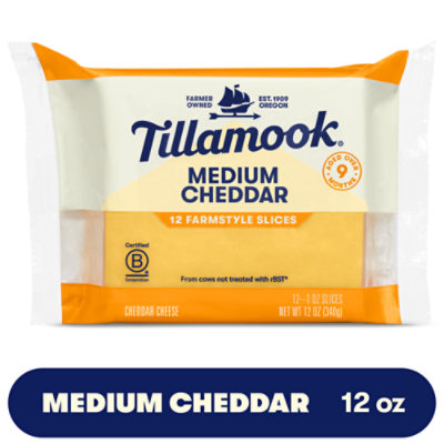 Tillamook Farmstyle Thick Cut Medium Cheddar Cheese Slices 12 Count - 12 Oz