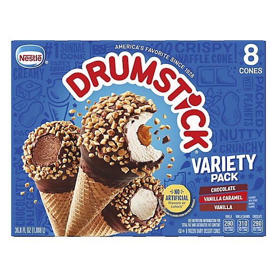 Drumstick Chocolate Vanilla Caramel Cones Variety Pack - 8 Count