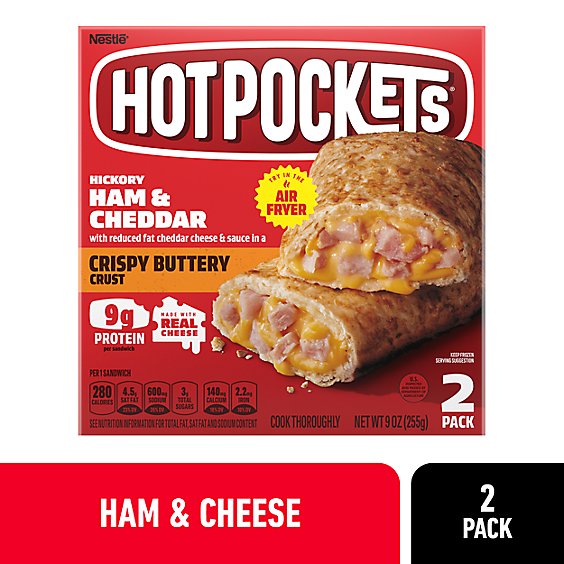 Hot Pockets Hickory Ham & Cheddar Crispy Buttery Crust Sandwiches Frozen Snack - 9 Oz