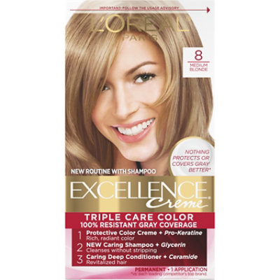 L'Oreal Paris Excellence Creme Permanent Triple Care Hair Color 8 Medium Blonde Kit - Each