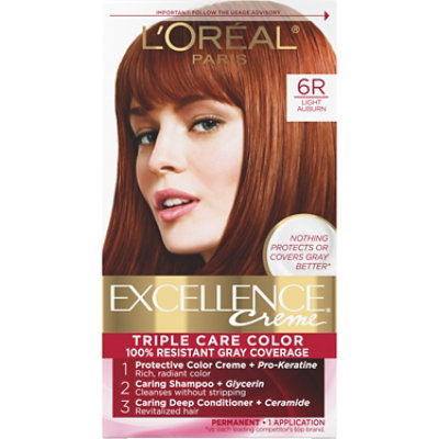 L'Oreal Paris Excellence Creme Permanent Triple Care Hair Color 6R Light Auburn Kit - Each