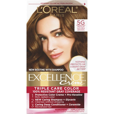 L'Oreal Paris Excellence Creme Permanent Triple Care Hair Color 5G Medium Golden Brown Kit - Each
