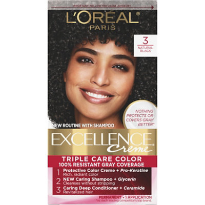 L'Oreal Paris Excellence Creme Permanent Triple Care Hair Color 3 Natural Black Kit - Each - Image 1