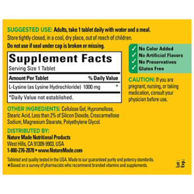 Nature Made Dietary Supplement Tablets L-Lysine 1000 mg - 60 Count - Image 4