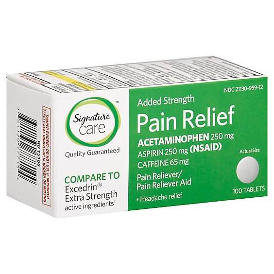Signature Care Pain Relief Tablet Acetaminophen 250mg Aspirin 250mg Extra Strength - 100 Count