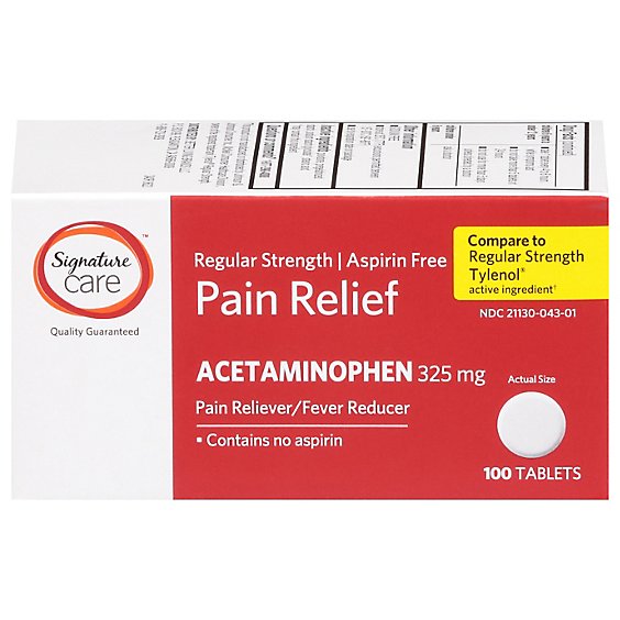 Signature Care Pain Relief Tablet Acetaminophen 325mg No Aspirin Regular Strength - 100 Count