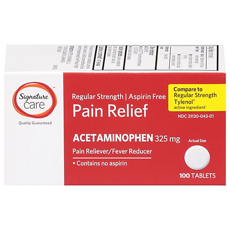 Signature Care Pain Relief Tablet Acetaminophen 325mg No Aspirin Regular Strength - 100 Count