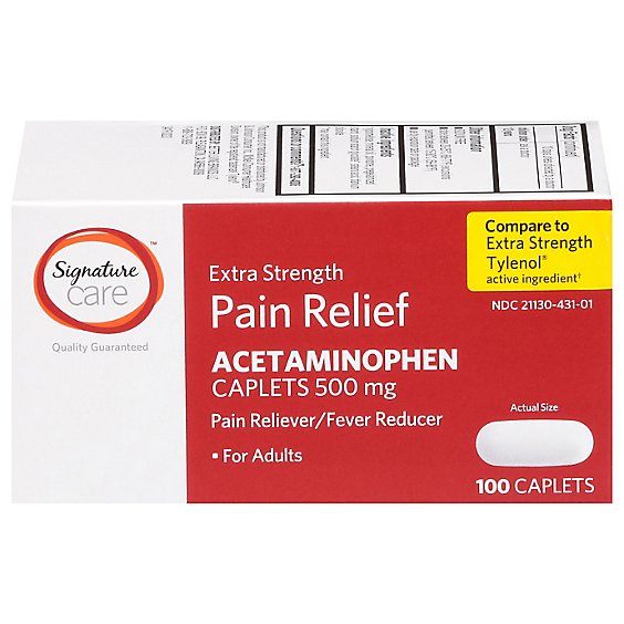 Signature Care Pain Relief Caplet Acetaminophen 500 mg Extra Strength Aspirin Free - 100 Count