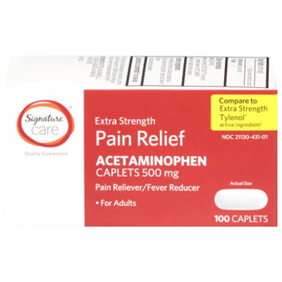Signature Care Pain Relief Caplet Acetaminophen 500 mg Extra Strength Aspirin Free - 100 Count