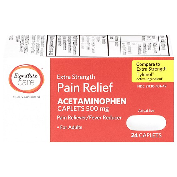Signature Care Pain Relief Caplet Acetaminophen 500 mg Extra Strength Aspirin Free - 24 Count