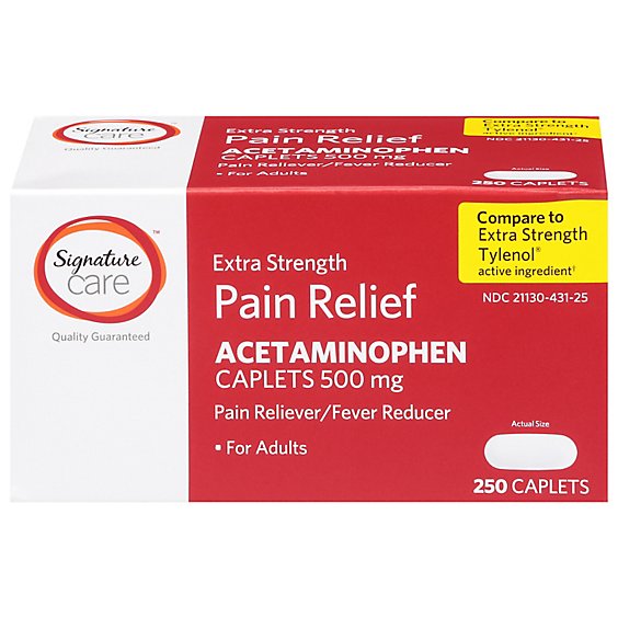 Signature Care Pain Relief Caplet Acetaminophen 500 mg Aspirin Free Extra Strength - 250 Count