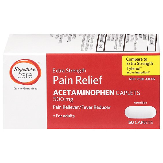 Signature Care Pain Relief Caplet Acetaminophen 500 mg Extra Strength Aspirin Free - 50 Count