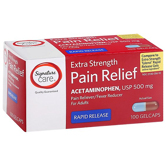 Signature Care Pain Relief Gelcap Acetaminophen 500mg Aspirin Free Extra Strength - 100 Count