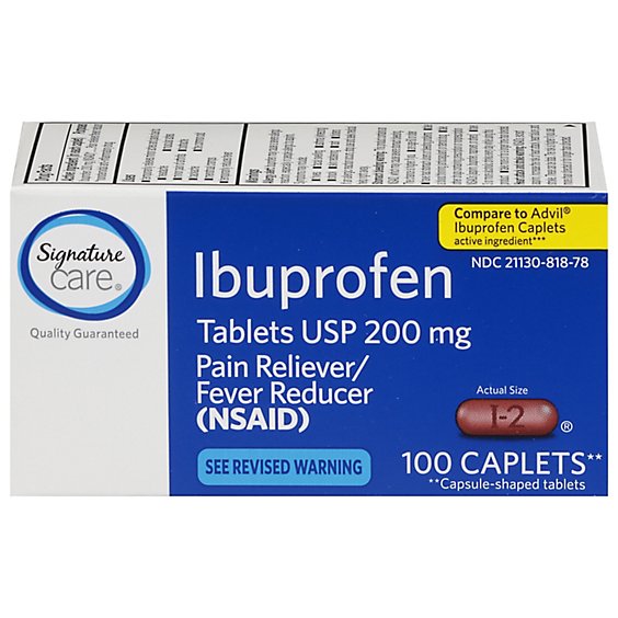 Signature Care Ibuprofen Pain Reliever Fever Reducer USP 200mg NSAID Caplet Blue - 100 Count