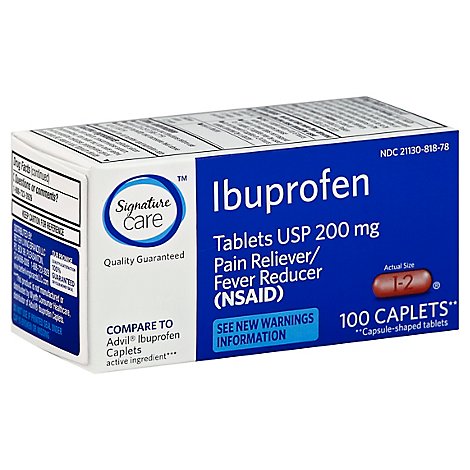 Signature Care Ibuprofen Pain Reliever Fever Reducer USP 200mg NSAID Caplet Blue - 100 Count