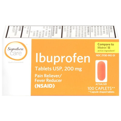 Signature Care Ibuprofen Pain Reliever Fever Reducer USP 200mg NSAID Caplet Orange - 100 Count