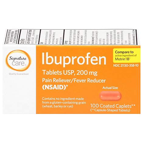 Signature Care Ibuprofen Pain Reliever Fever Reducer USP 200mg NSAID Caplet Orange - 100 Count