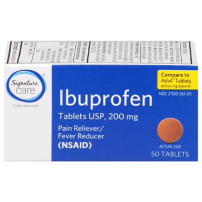 Signature Care Ibuprofen Pain Reliever Fever Reducer USP 200mg NSAID Tablet Blue - 50 Count