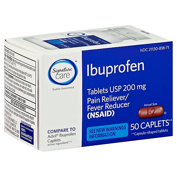 Signature Care Ibuprofen Pain Reliever Fever Reducer USP 200mg NSAID Caplet Blue - 50 Count