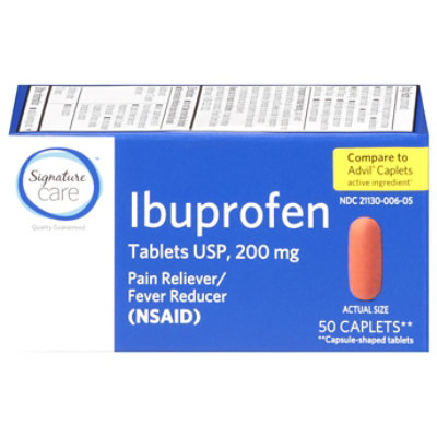 Signature Care Ibuprofen Pain Reliever Fever Reducer USP 200mg NSAID Caplet Blue - 50 Count
