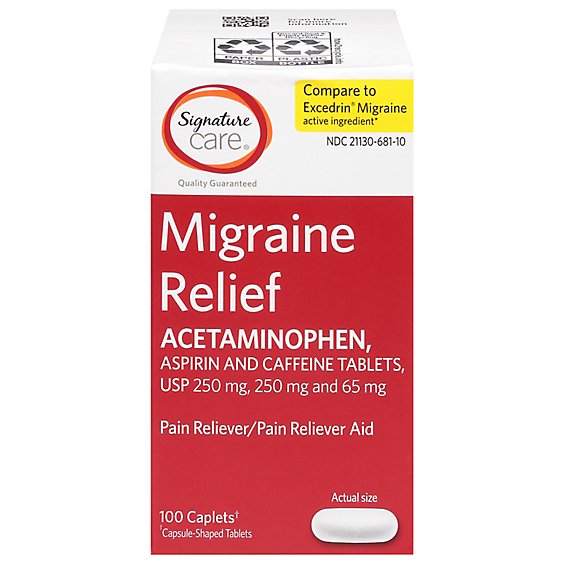Signature Care Migraine Relief Acetaminophen Aspirin Pain Reliever Coated Caplet - 100 Count