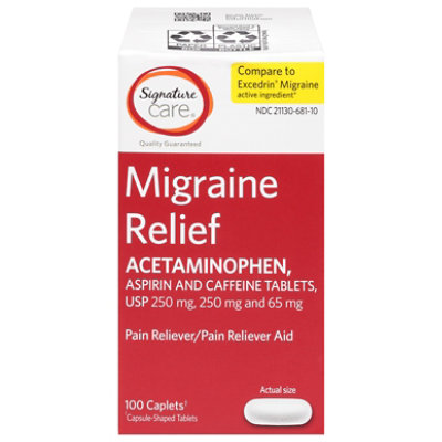 Signature Select/Care Migraine Relief Acetaminophen Aspirin Pain Reliever Coated Caplet - 100 Count