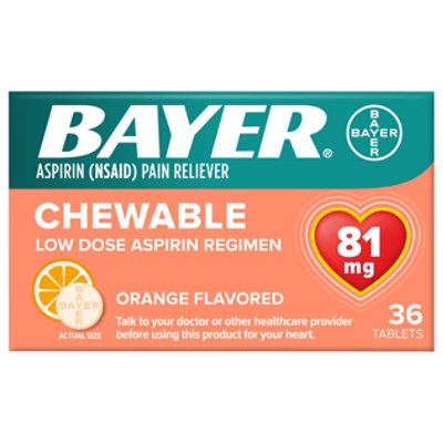 Bayer Aspirin Tablets 81mg Low Dose Chewable Orange Flavored - 36 Count