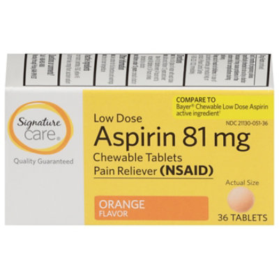 Signature Select/Care Aspirin Pain Reliever 81mg NSAID Orange Flavor Low Dose Chewable Tablet - 36 Count