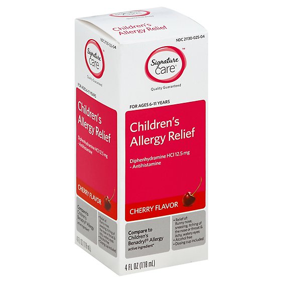 Signature Care Allergy Relief Childrens Diphenhydramine HCI 12.5mg Cherry Flavor - 4 Fl. Oz.