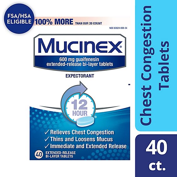 Mucinex Expectorant Chest Congestion 12 Hours Relief Extended Release Tablets -  40 Count