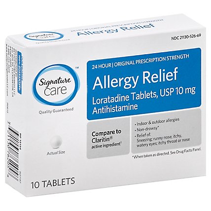 Signature Care Allergy Relief 10mg Antihistamine Original Strength Loratadine Tablet - 10 Count - Image 1