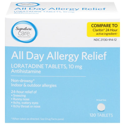 Signature Care Allergy Relief 10mg Antihistamine Original Strength Loratadine Tablet - 120 Count