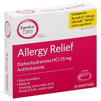 Signature Care Allergy Relief Diphenhydramine HCI 25mg Antihistamine Minitab - 24 Count - Image 1