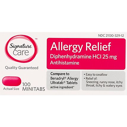 Signature Care Allergy Relief Diphenhydramine HCI 25mg Antihistamine Minitab - 100 Count - Image 2