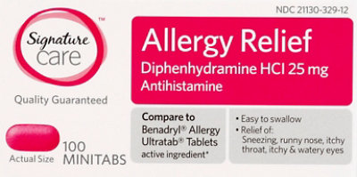 Signature Select/Care Allergy Relief Diphenhydramine HCI 25mg Antihistamine Minitab - 100 Count - Image 2