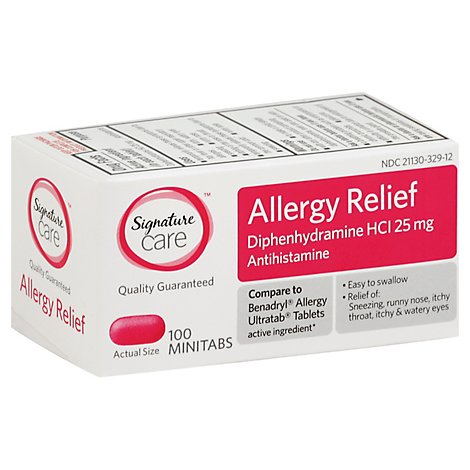 Signature Care Allergy Relief Diphenhydramine HCI 25mg Antihistamine Minitab - 100 Count